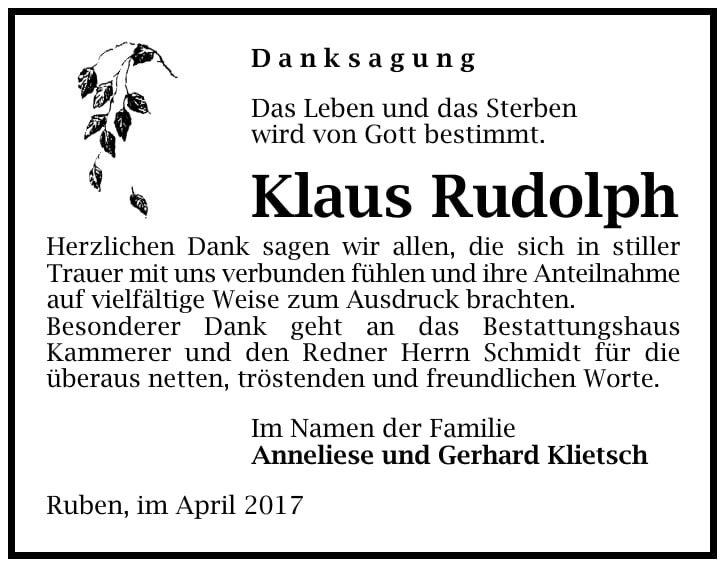 Danksagung Klaus Rudolph