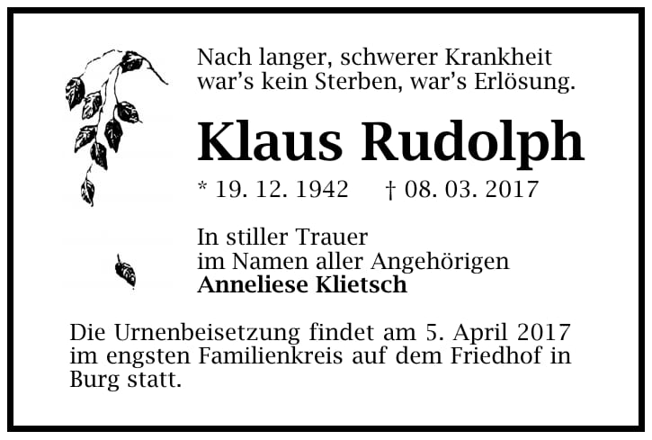 Traueranzeige Klaus Rudolph