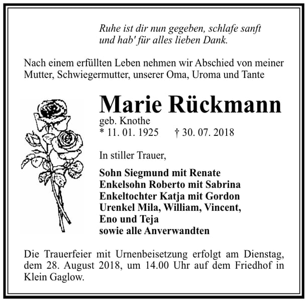 Traueranzeige Marie Rückmann, geb. Knothe
