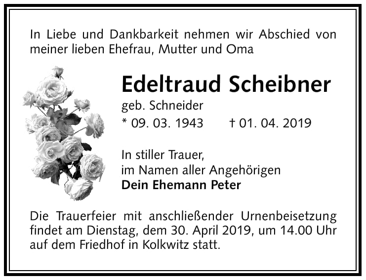Traueranzeige Edeltraud Scheibner, geb. Schneider