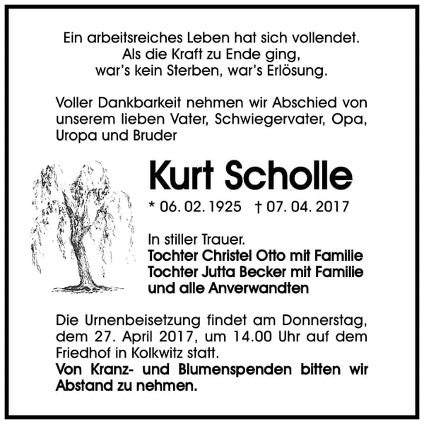 Traueranzeige Kurt Scholle