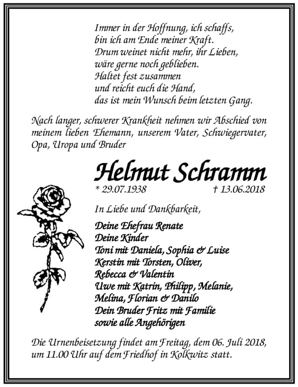 Traueranzeige Helmut Schramm