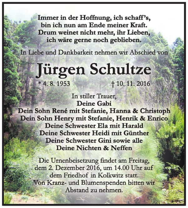 Traueranzeige Jürgen Schultze