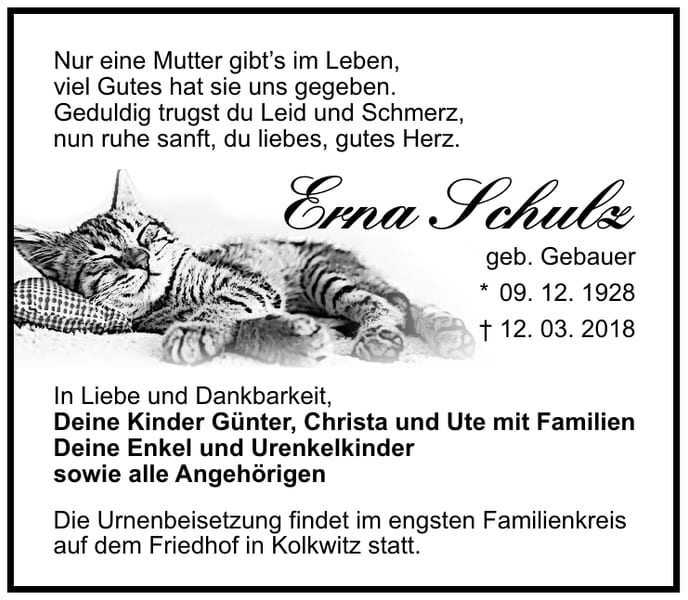 Traueranzeige Erna Schulz, geb. Gebauer