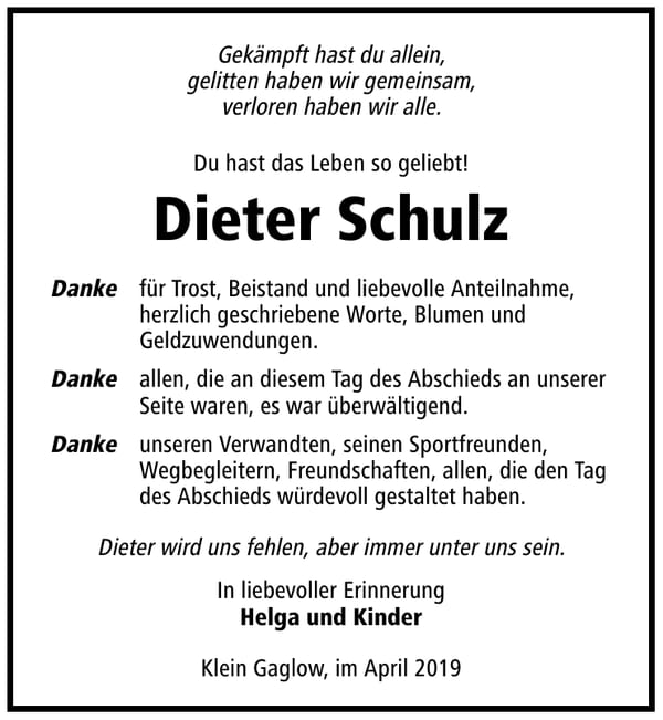 Traueranzeige Dieter Schulz