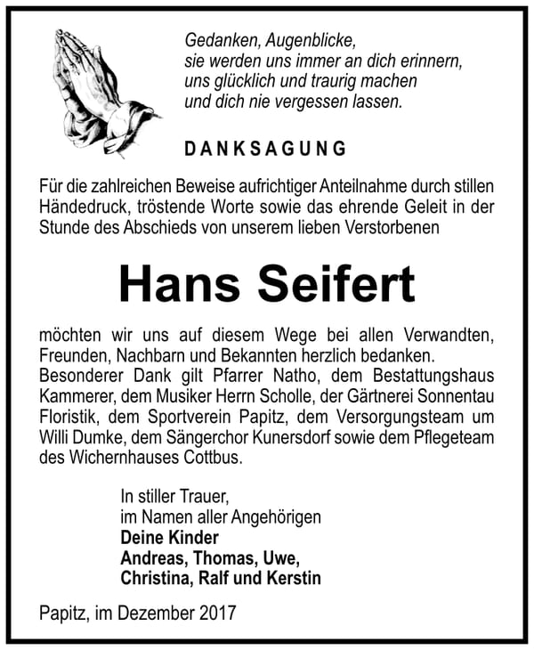 Danksagung Hans Seifert