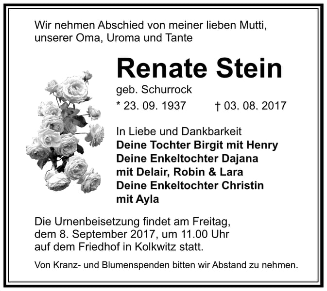 Traueranzeige Renate Stein, geb. Schurrock