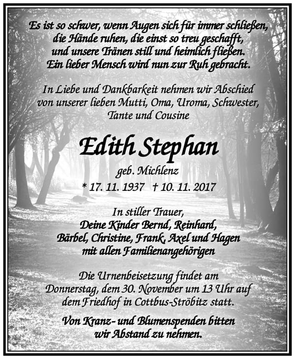 Traueranzeige Edith Stephan, geb. Michlenz
