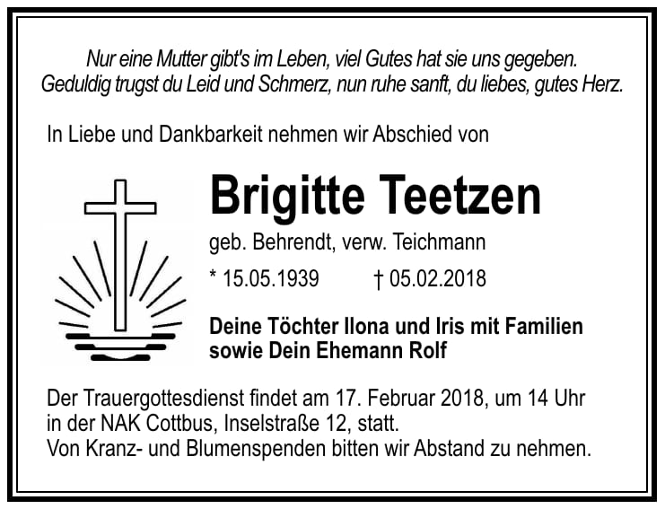 Traueranzeige Brigitte Teetzen, geb. Behrendt