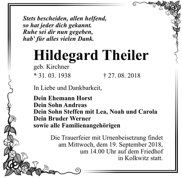 Traueranzeige Hildegard Theiler, geb. Kirchner