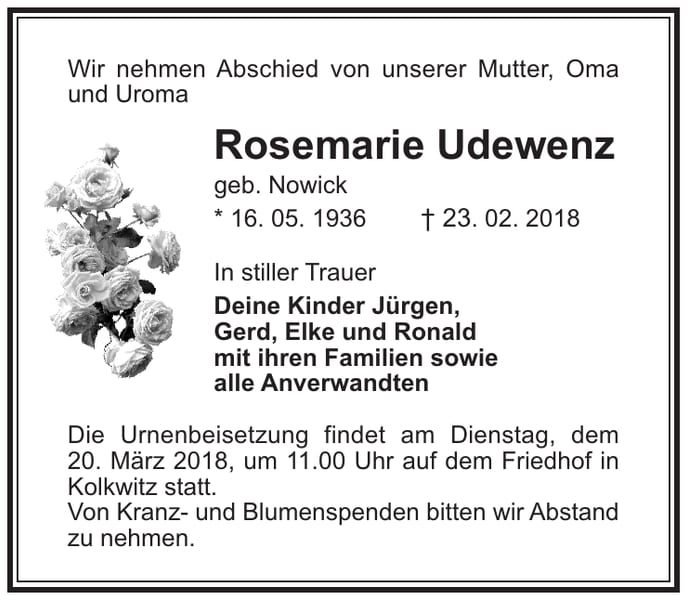 Traueranzeige Rosemarie Udewenz, geb. Nowick