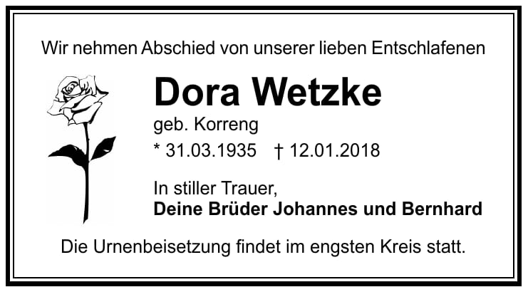Traueranzeige Dora Wetzke, geb. Korreng
