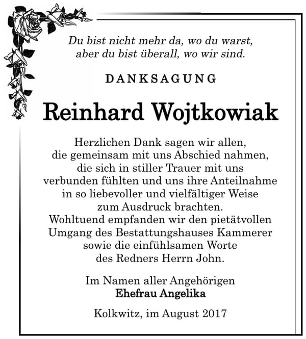 Danksagung Reinhard Wojtkowiak