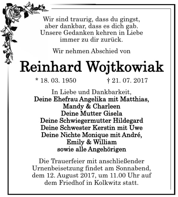 Traueranzeige Reinhard Wojtkowiak
