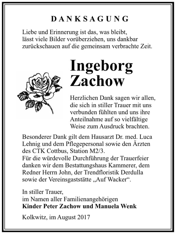 Danksagung Ingeborg Zachow