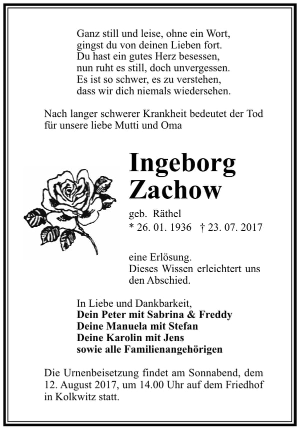 Traueranzeige Ingeborg Zachow, geb. Räthel