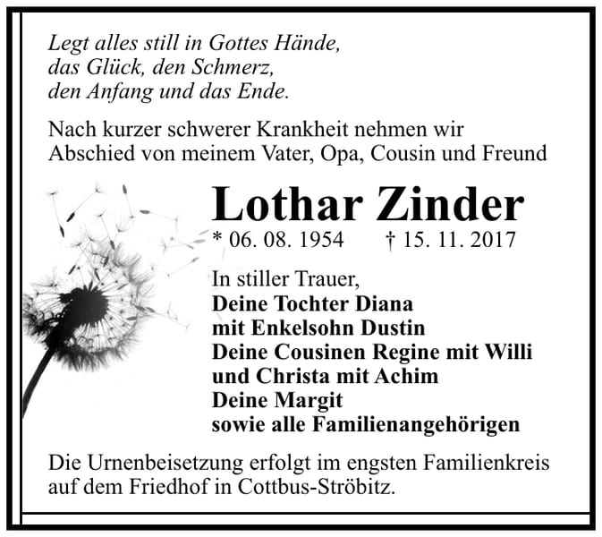 Traueranzeige Lothar Zinder