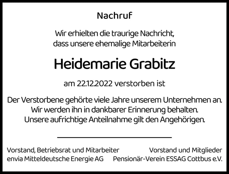 Nachruf Heidemarie Grabitz