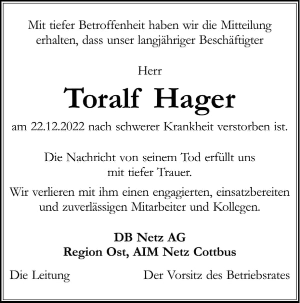 Nachruf Toralf Hager