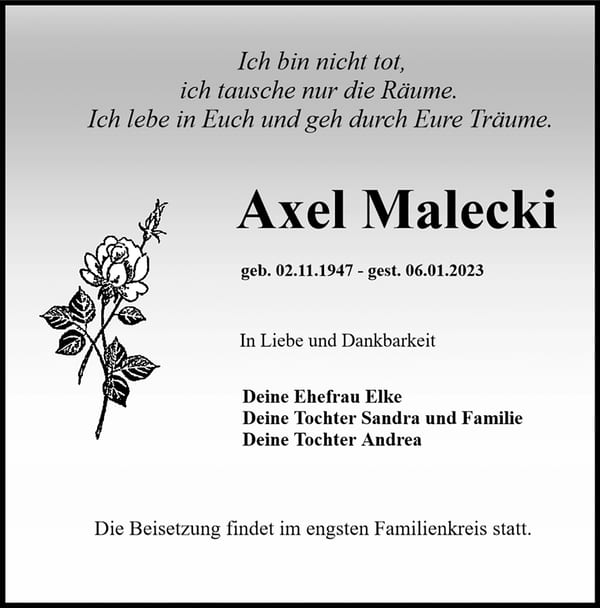 Traueranzeige Axel Malecki