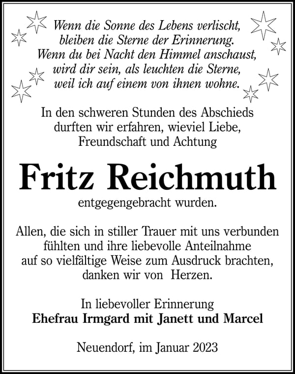 Traueranzeige Fritz Reichmuth