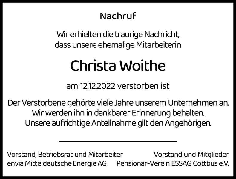 Nachruf Christa Woithe