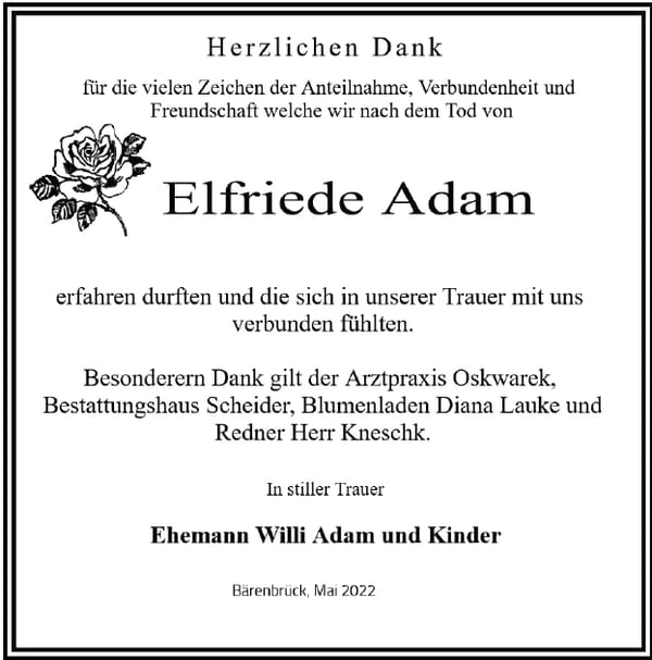 Danksagung Elfriede Adam
