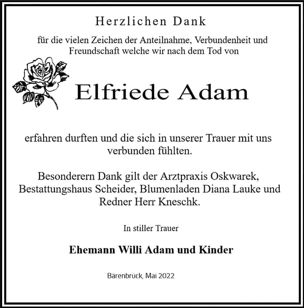 Danksagung Elfriede Adam