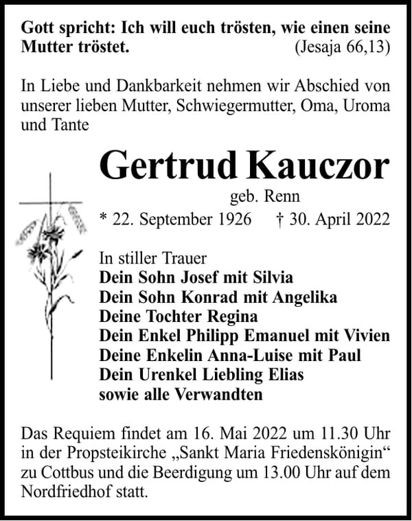 Traueranzeige Gertrud Kauczor, geb. Renn
