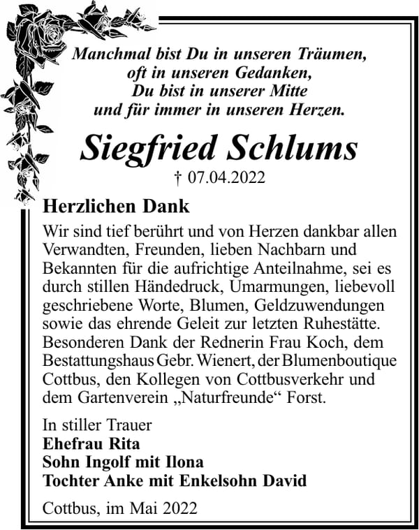 Danksagung Siegfried Schlums