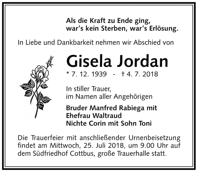 Traueranzeige Gisela Jordan