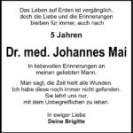 Jahresgedenken Dr. med. Johannes Mai