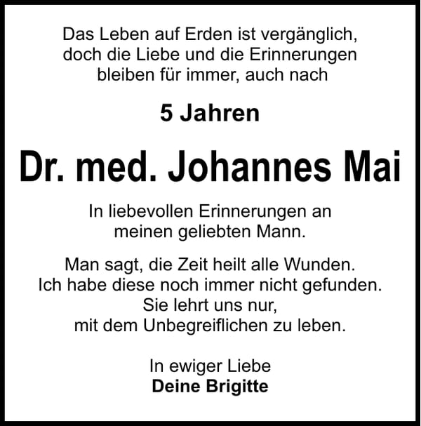 Jahresgedenken Dr. med. Johannes Mai