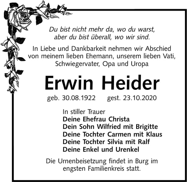 Traueranzeige Erwin Heider