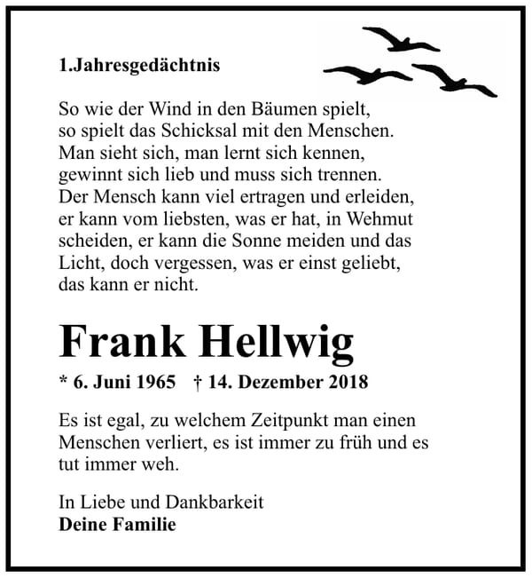 Traueranzeige Frank Hellwig