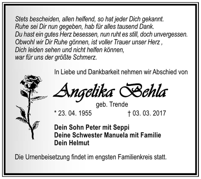 Traueranzeige Angelika Behla, geb. Trende