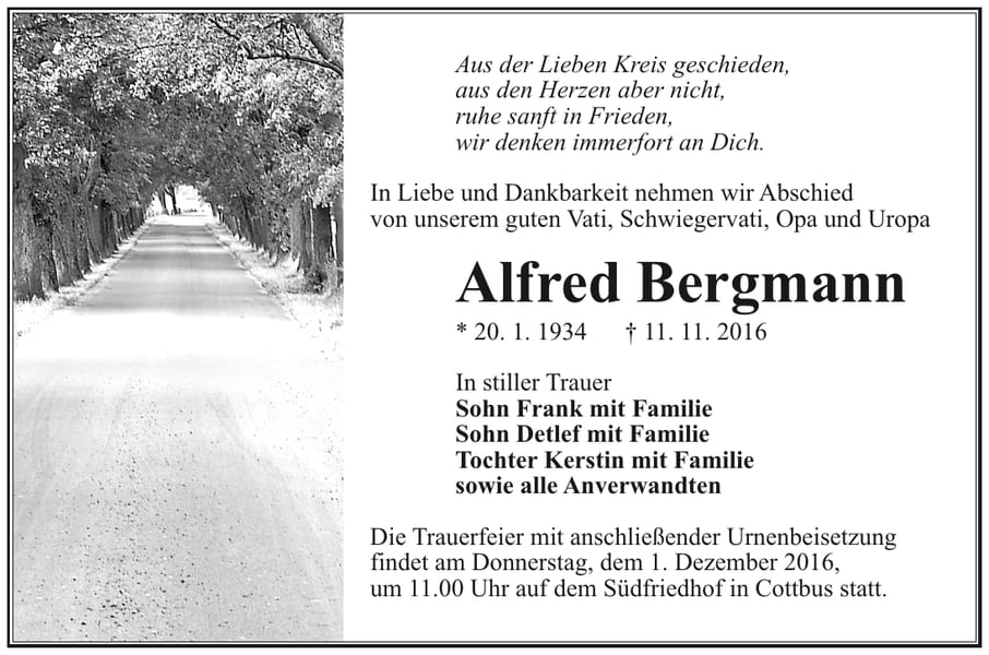 Traueranzeige Alfred Bergmann