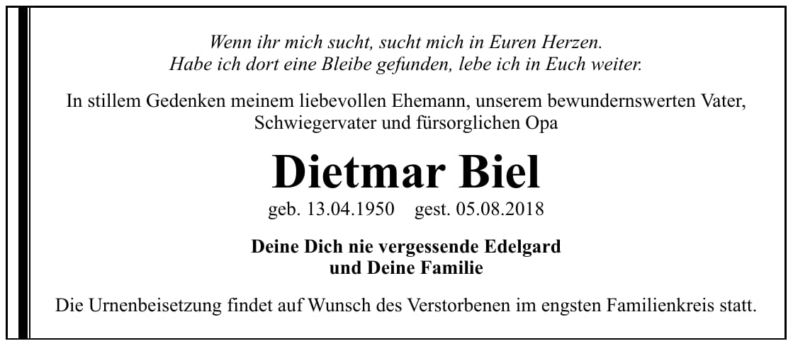 Traueranzeige Dietmar Biel