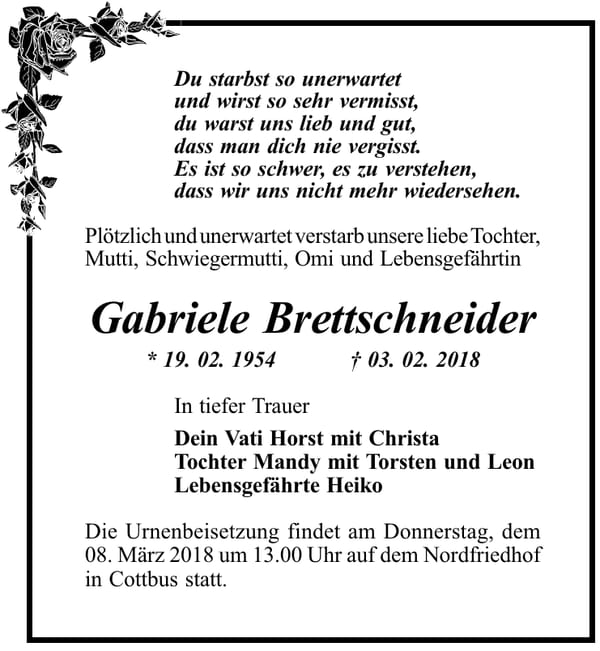 Traueranzeige Gabriele Brettschneider