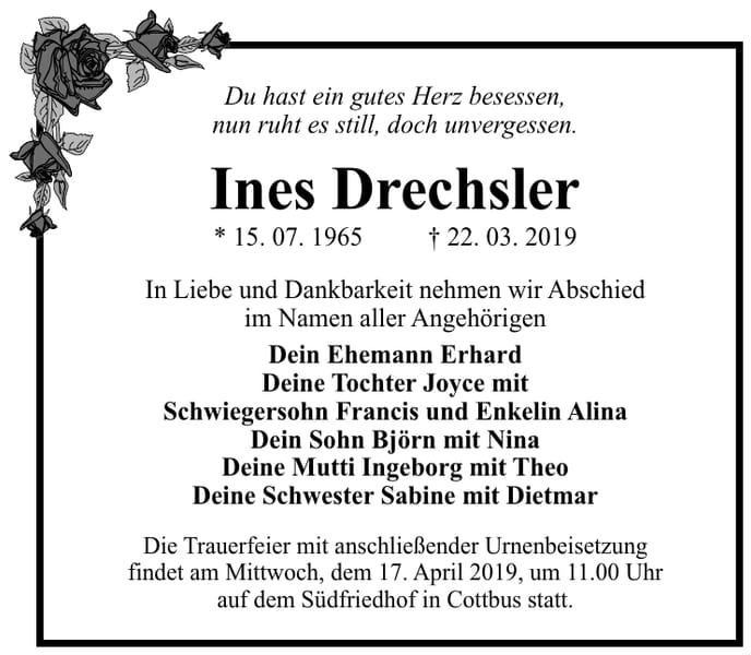 Traueranzeige Ines Drechsler