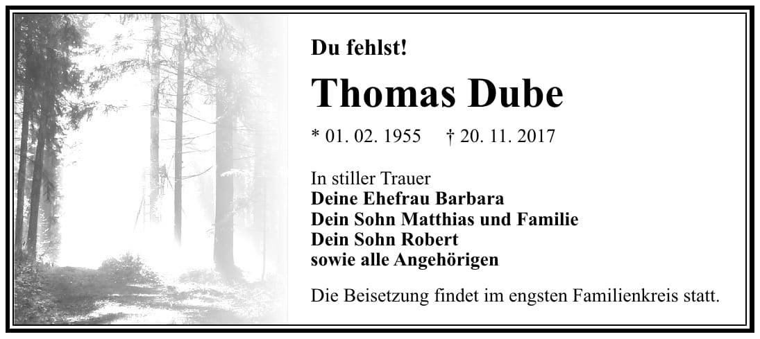 Traueranzeige Thomas Dube