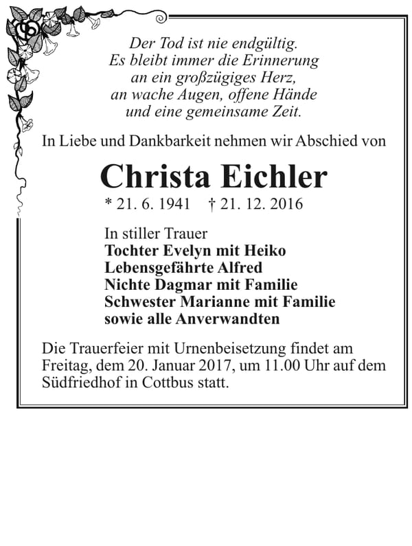 Traueranzeige Christa Eichler