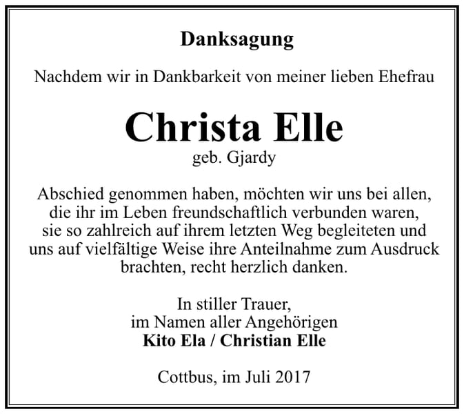 Danksagung Christa Elle, geb. Gjardy