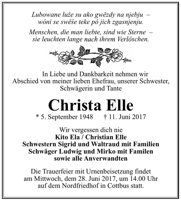 Traueranzeige Christa Elle