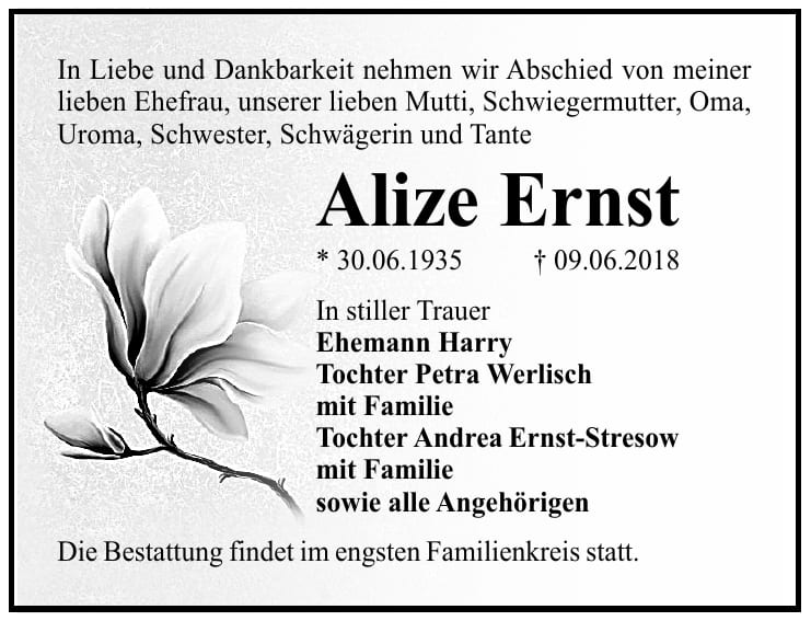 Traueranzeige Alize Ernst