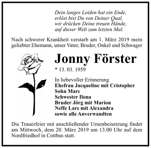 Traueranzeige Jonny Förster
