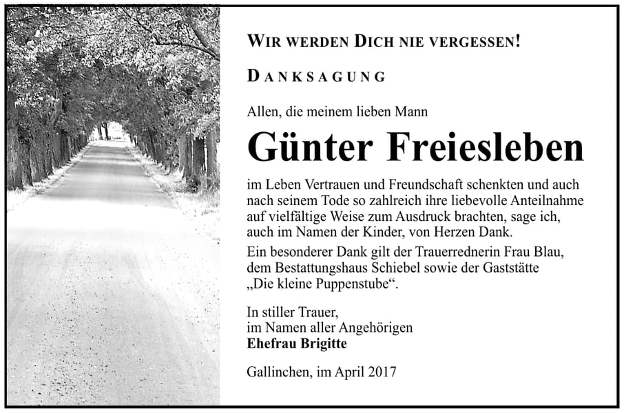 Danksagung Günter Freiesleben
