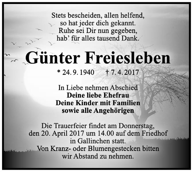 Traueranzeige Günter Freiesleben