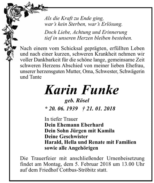 Traueranzeige Karin Funke, geb. Rösel