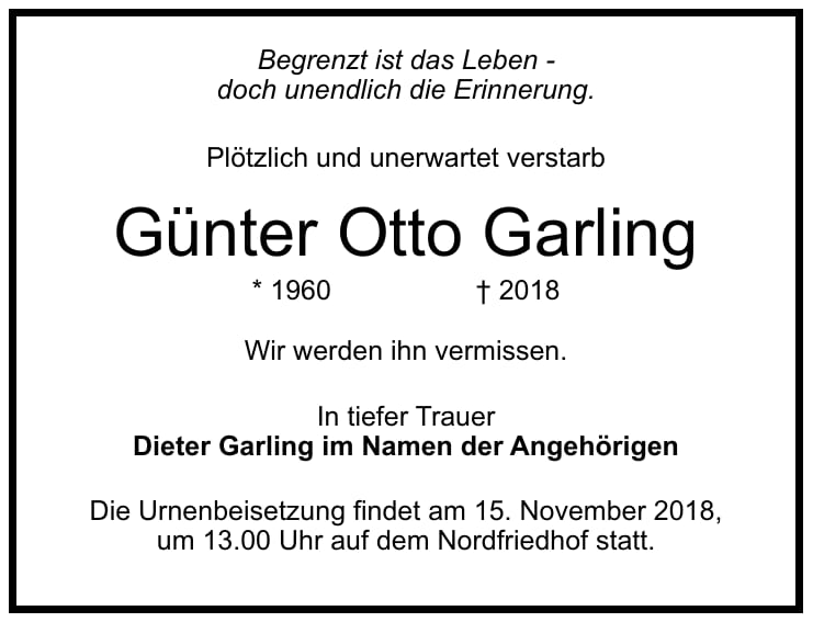 Traueranzeige Günter Otto Garling